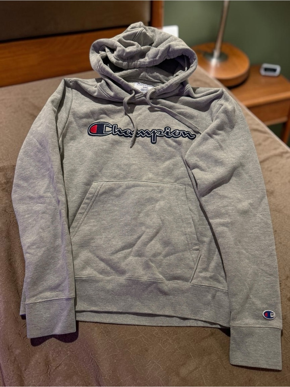 Champion Grey Pullover Hoodie with Script Logo